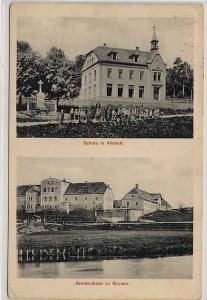 Pocztówka z Ostritz: Szkoła w Altstadt; Szpital przy Grunau